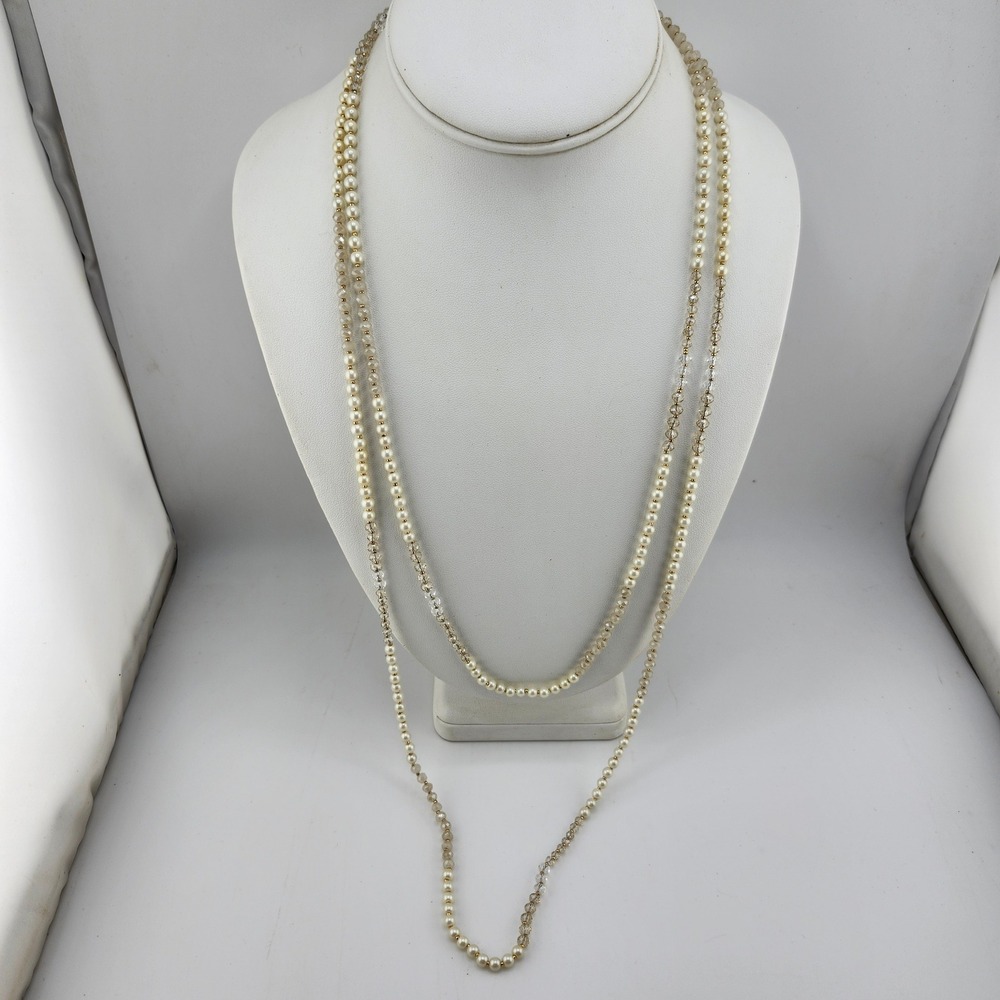 Ann Taylor Faux Pearl Crystal Bead Necklace Costume Jewelry Long Strand
